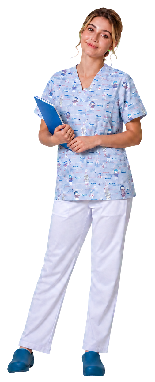 Healthcare professional wearing teal scrubs — close view