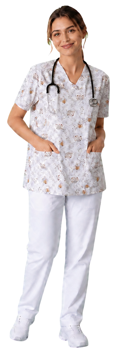 Healthcare professional wearing light blue scrubs — middle view